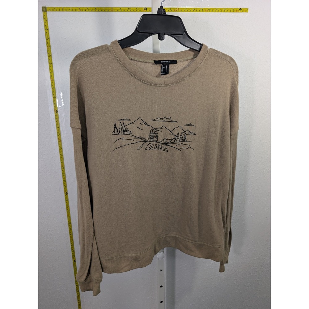 Forever 21 Colorado Mountain Graphic Pullover Top Tan Long Sleeve Small